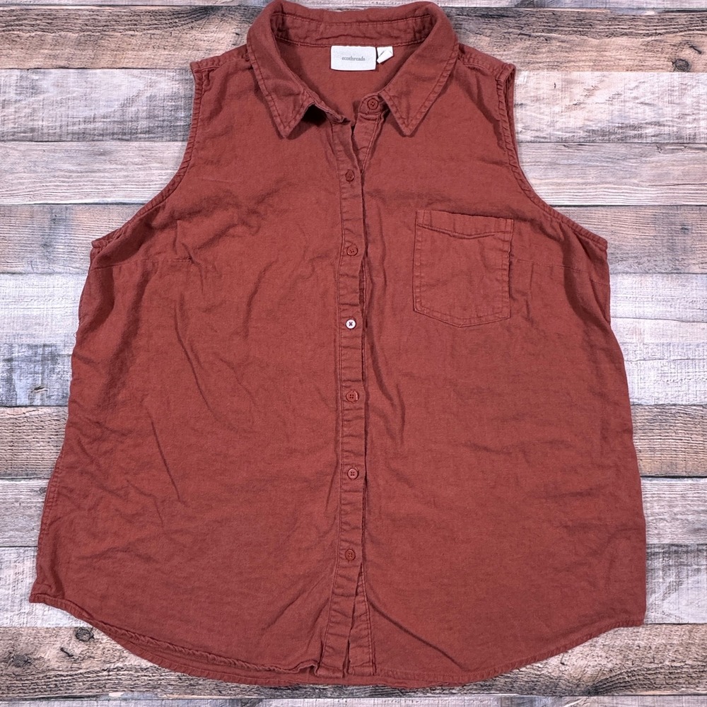 Ecothreads Womens‎ XXL Sleeveless Linen Blend Button Down Shirt Terracotta Rust